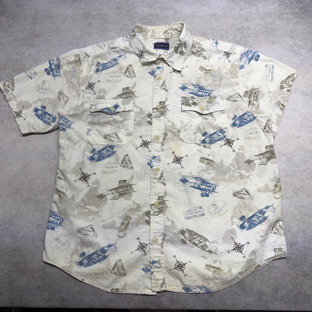Croft & Barrow Mens XL Vintage 90s Biplane Travel Print Button Down Shirt Cream